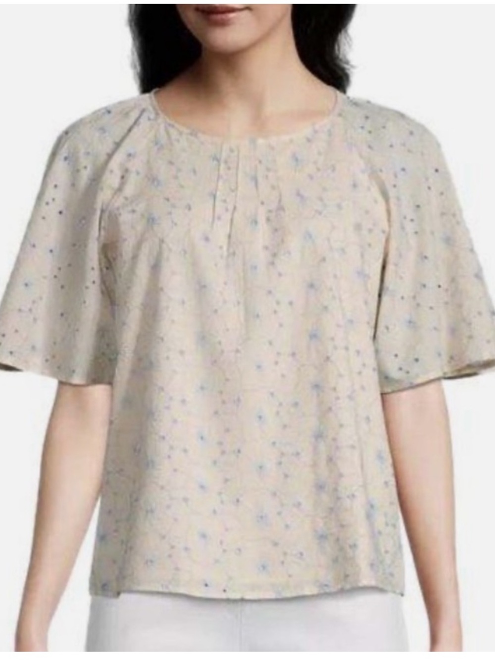 Ann Taylor Floral Cream Blue Eyelet Bell Short Sleeve Top , Size L